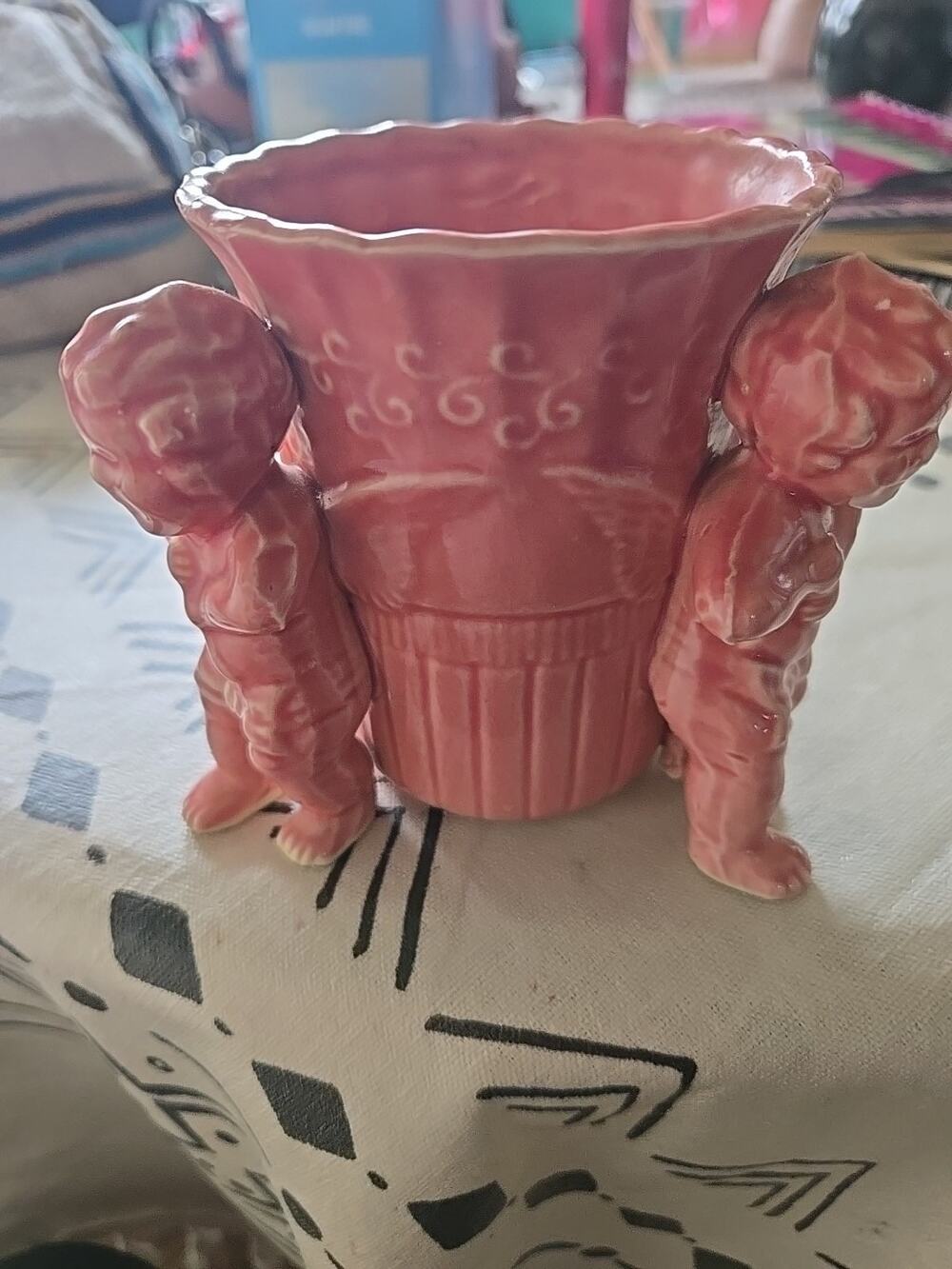 Vtg Ceramic Japan 3-Cherub Angels Planter w/ Scalloped Rim /w Damage